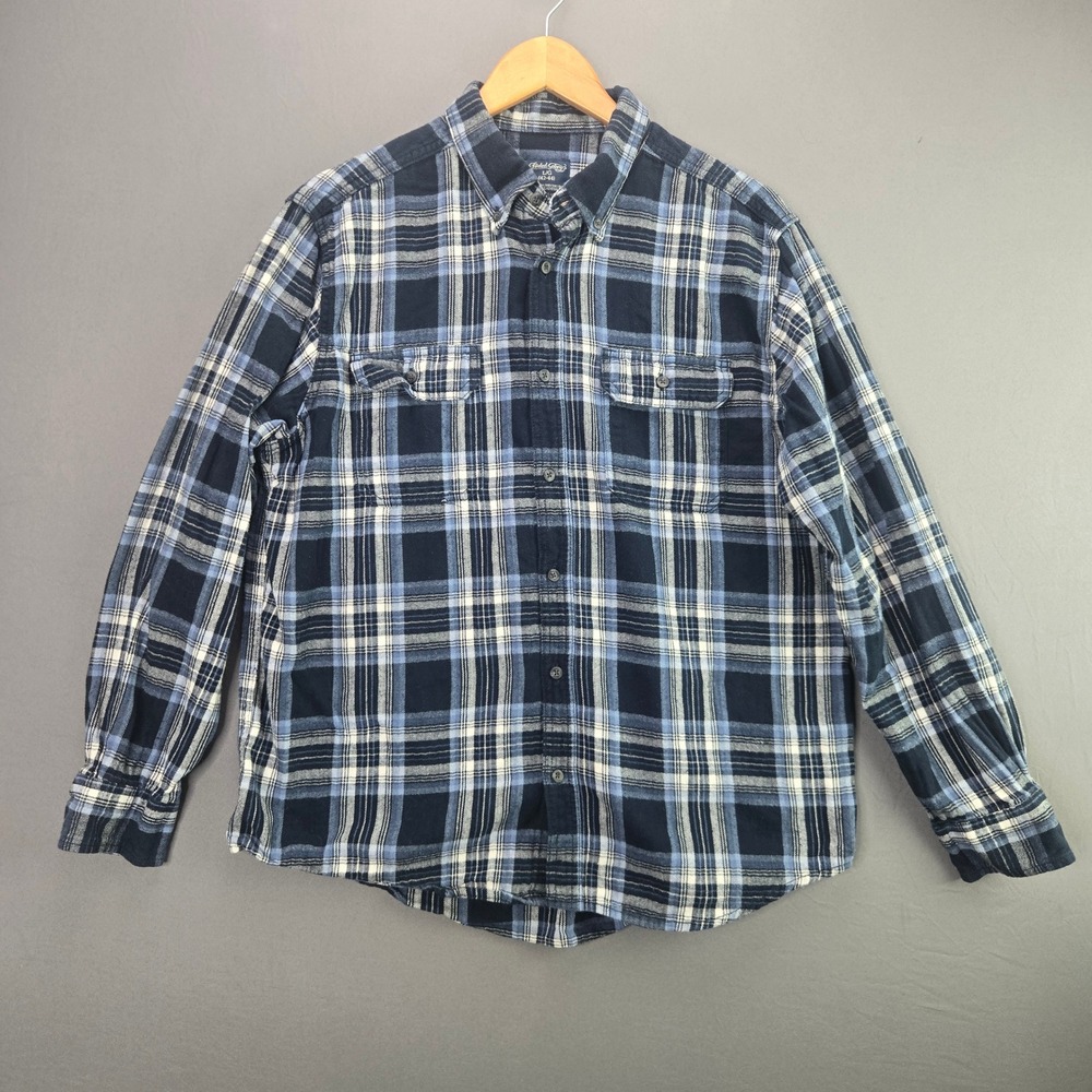 Faded Glory Flannel Shirt L Blue Plaid Cotton Button Down Long Sleeve Pockets
